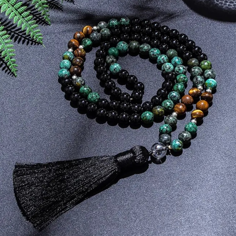 African turquoise, obsidian and tigers eye mala and bracelet set - Picture 4 of 7